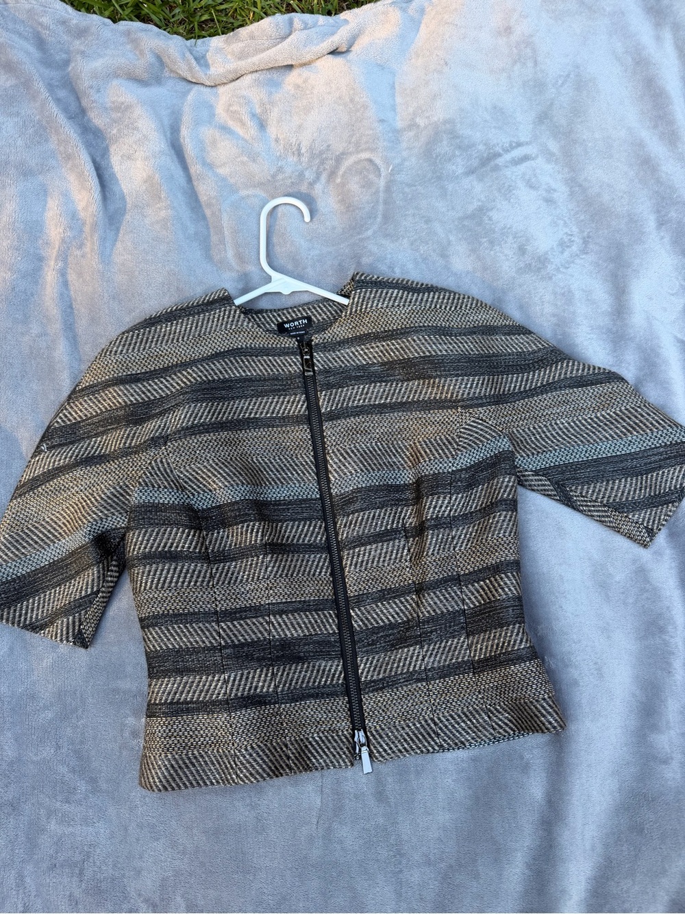 Worthington Black and Cream Striped Zip-Front Short Sleeve Jacket size 0